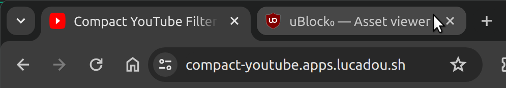 A screenshot showing a user with their mouse hovering over the “uBlock₀ — Asset viewer” tab that opened after clicking on the “Subscribe to Filter List...” option mentioned above